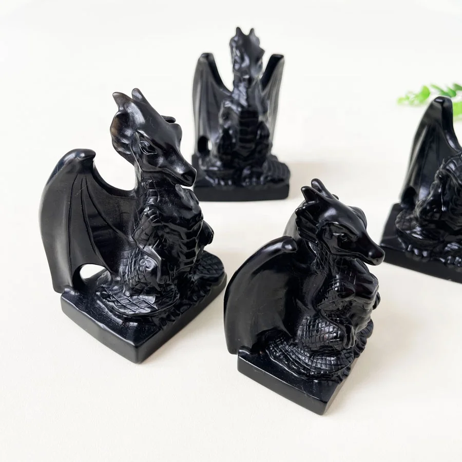 Natural Obsidian Flying Dragon Carved Quartz Crystal Dragon Statue Figures
