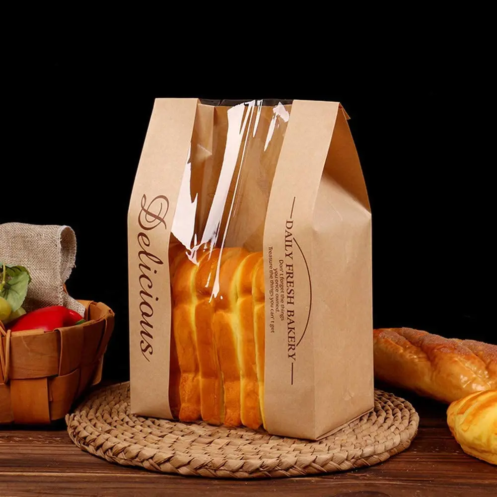 Factory Customized Manufacturer Bakery Food Printed Brown Kraft Bread Packaging Paper Bags With Plastic Window