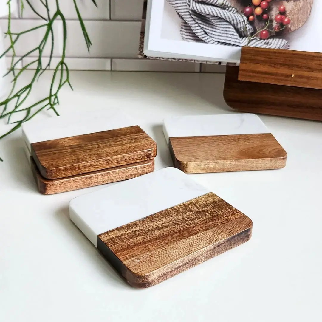 Natural Solid Polished Marble Acacia Wood Coasters with Matching Bamboo Holder For Restaurant