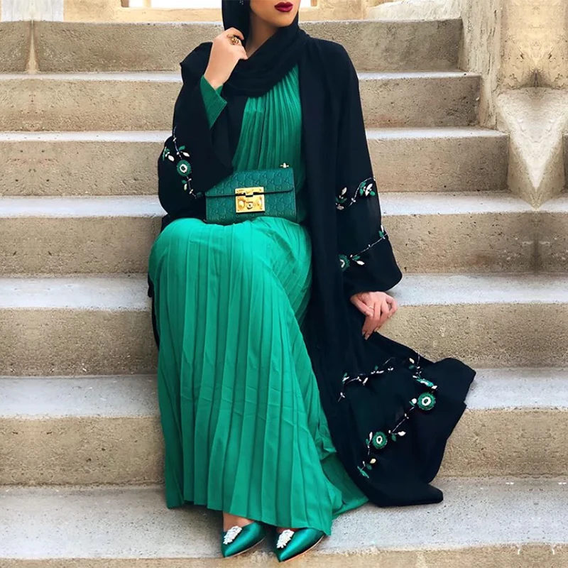 2024 New Design Open Abaya Black Arabic Luxury Handwork Pearls Embroidery Open Abaya