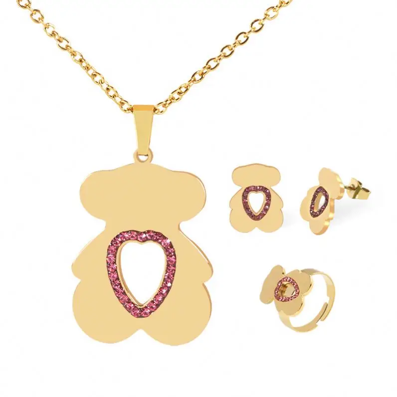Fashionable 18K Gold Spain Bear Pendant Earrings Set With Heart Shape Rhinestones Diamonds For Women Gift Jewelry Sets