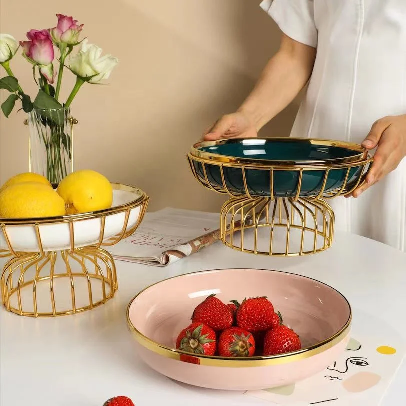 Handmade ceramic salad bowl, luxury fruit bowl for dessert Nordic style with metal rack
