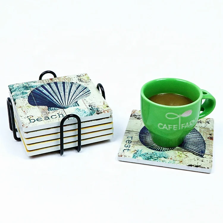 Custom Absorbent/shiny/matt Sea Shell Coffee Tea Wine Ceramic Beach Coaster Mug with Cork Cup Mats & Pads Table Desk for Drinks