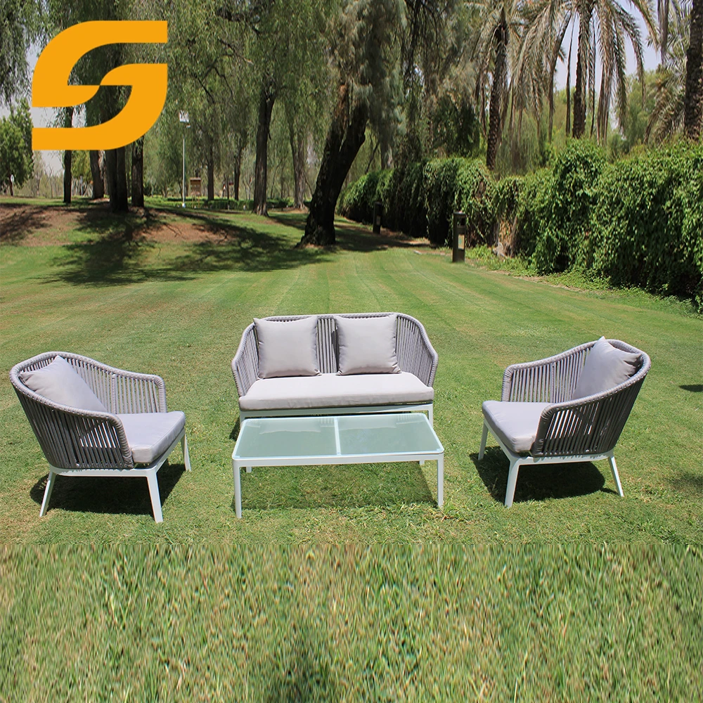 SUNLINK Commercial Vip Room Outdoor Patio Garden Rope Weaving Aluminium Long Sofa Chair Set And Glass Table