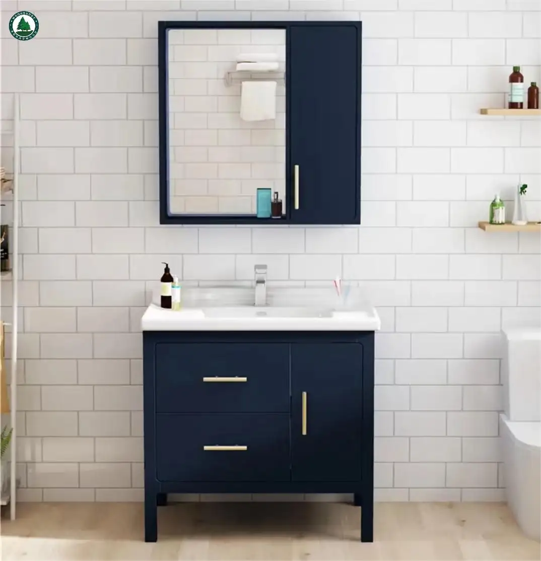 2022 New Customized Modern Bathroom Vanity Popular Blue Bathroom Cabinet Set With Storage Mirror With Metal Legs