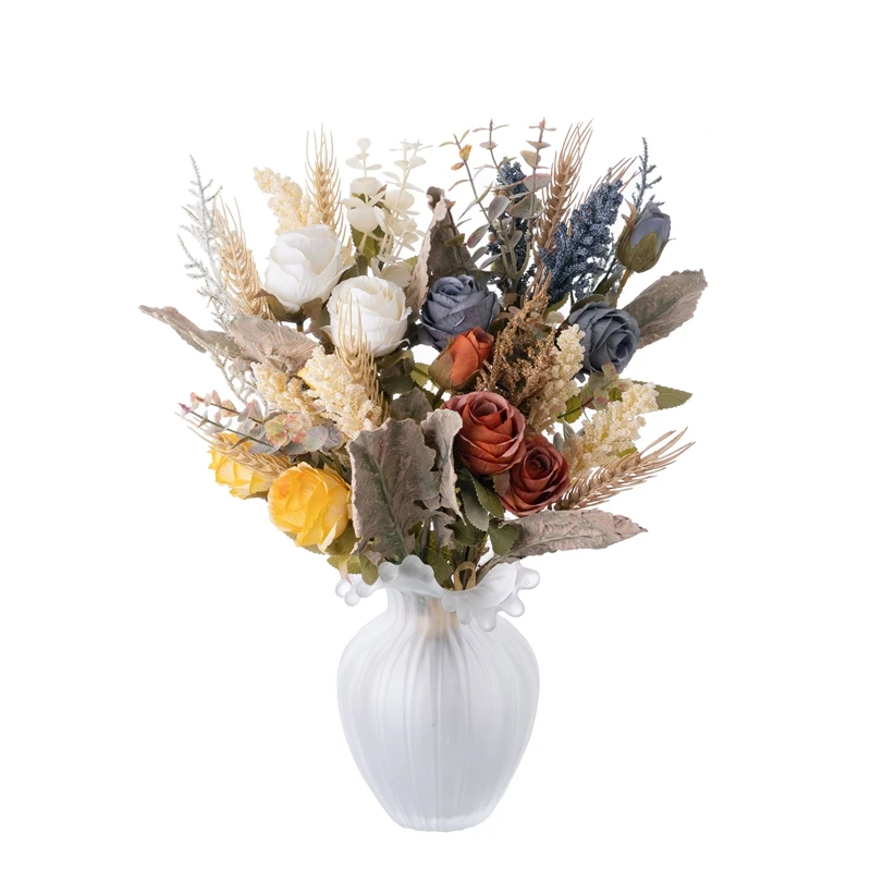 CF01342 New Arrival Artificial Fabric Rose Flower Plastic Wheat Bouquet With Silk Leaves And Plastic Eucalyptus For Home Decor