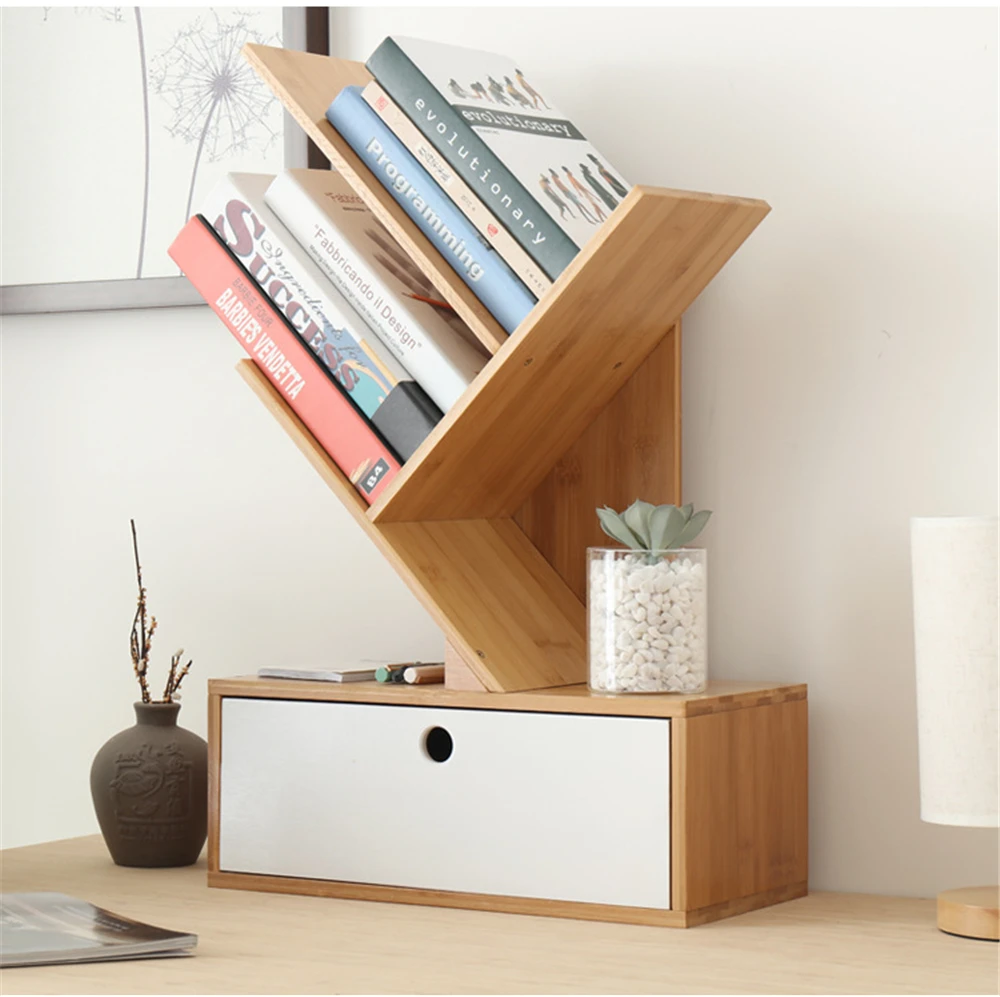 
Bamboo Multi Layer Table Bookshelf with Drawer Modern Bookcase Book Tree Rack Student 