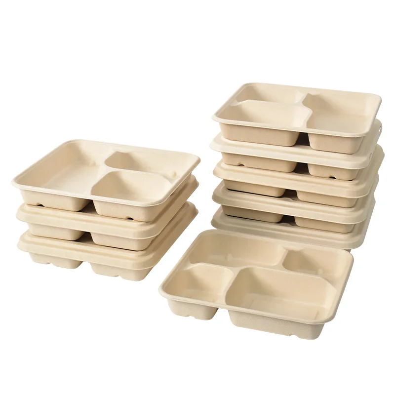 Eco-friendly Sugarcane Bagasse 4 Compartment Food Trays Biodegradable Disposable Food Containers