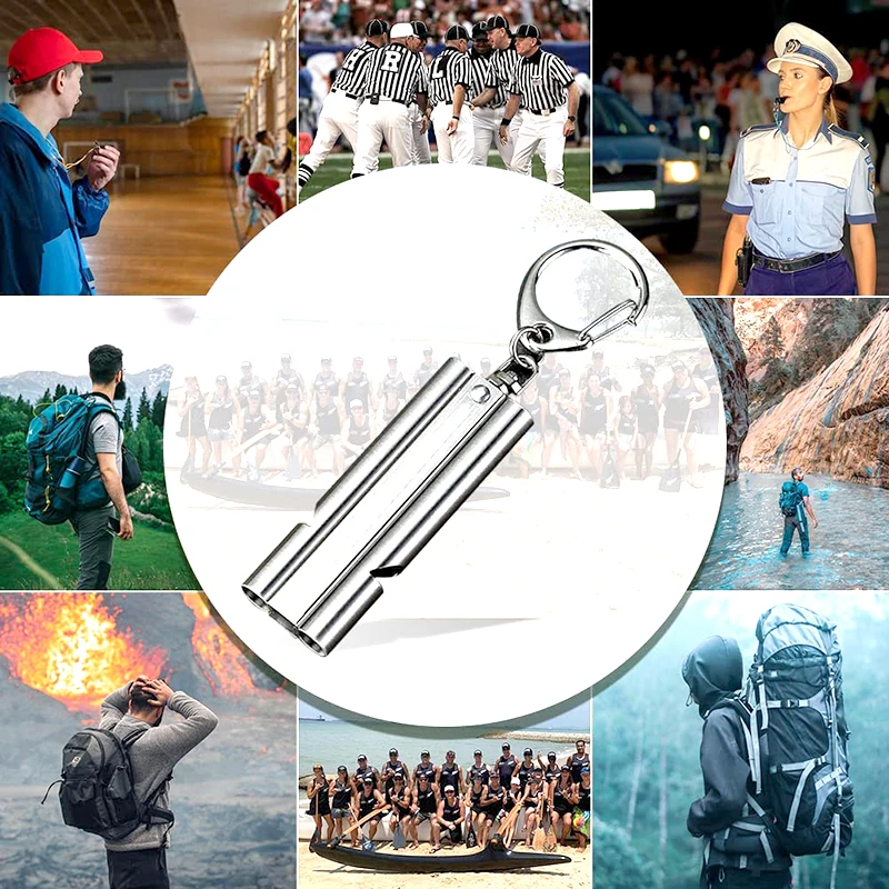 Fishing Training Rescue Stainless Waterproof Emergency Survival Double Tube 120DB Whistle with Lanyard Keychain