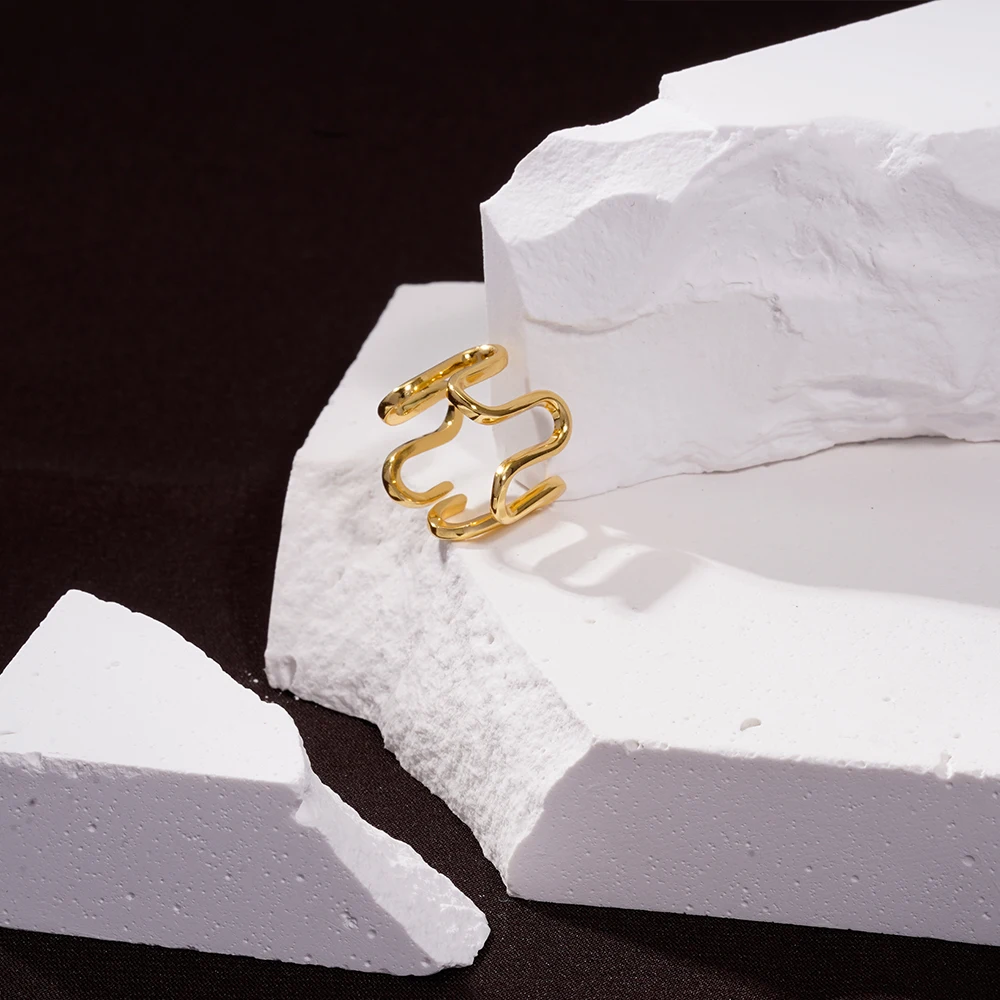 Original Design Jewelry 925 Sterling Silver 18k Gold Plated Unique Big Wave Open Adjustable Rings For Women