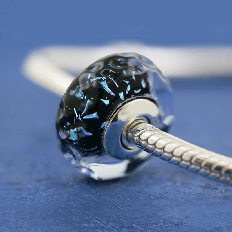 Factory wholesale S925 silver dark blue ocean Murano glass corrugated Women beaded  jewelry fit  Pandora  bracelet charm