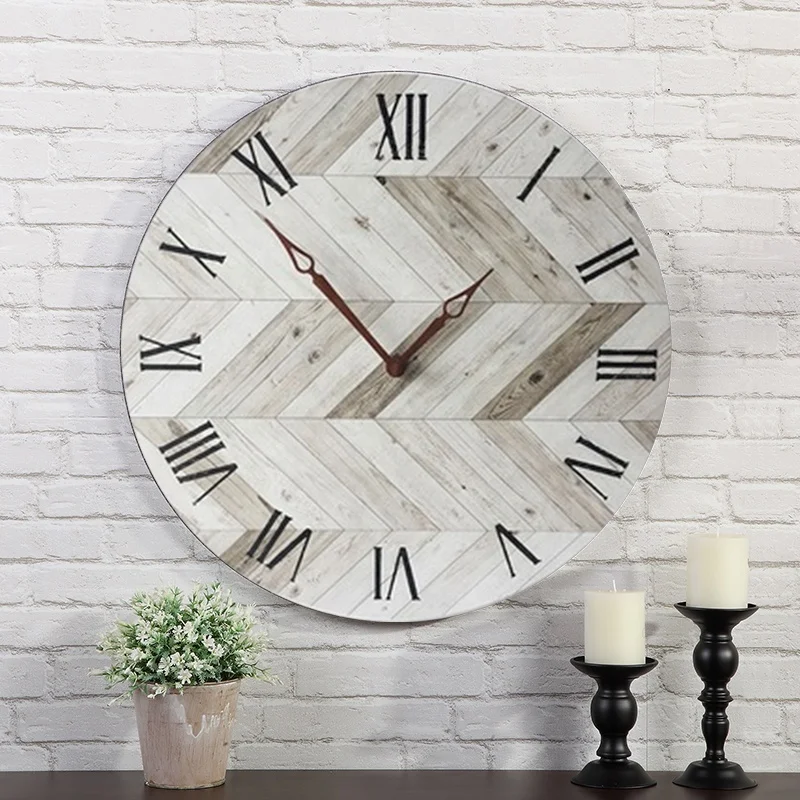 16 inch Large Roman Number Wall Clock Custom European Retro Vintage Decorative Circular MDF Wooden Farmhouse Wall Clock