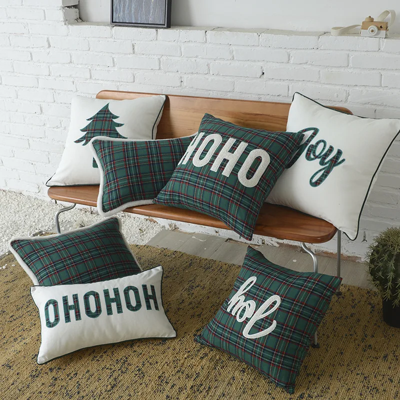Cotton Mixed Green White Plaid Christmas Cushion Covers For Sofa, Buffalo Throw Pillow Cases For Decoration/