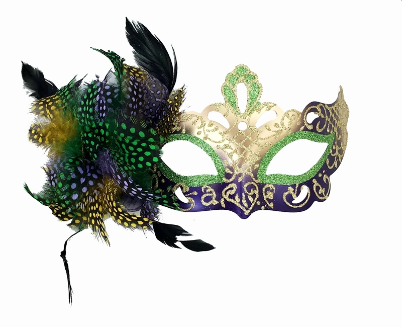 Plastic Mardi Gras Mask With Dot Feather On Side
