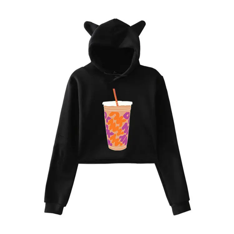 Womens 2021 Sexy Casual Clothes Trendy Casual Blusas De Moletom Feminino Girl Cat Ear Design Sublimation Crop Top Hoodie