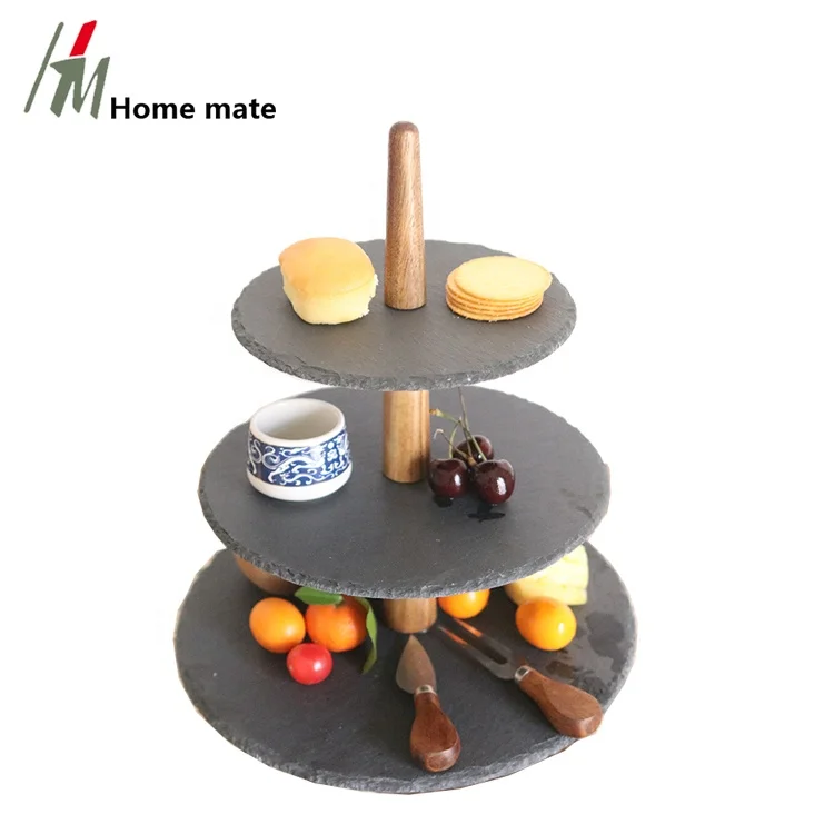 Natural Slate Stone 3 Tier Round Cake Stand With Carry Handle for Cakes Tapas Sandwiches Desserts