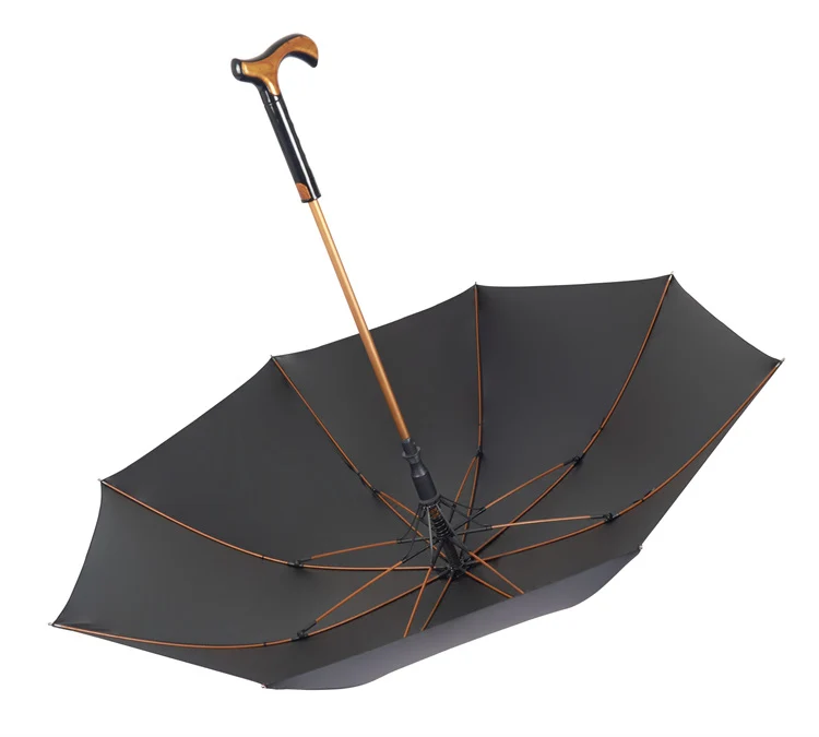 Custom Print High Quality Auto Open Strong Fiberglass Crutch Umbrella Cane Windproof Long Handle Climbing Umbrellas