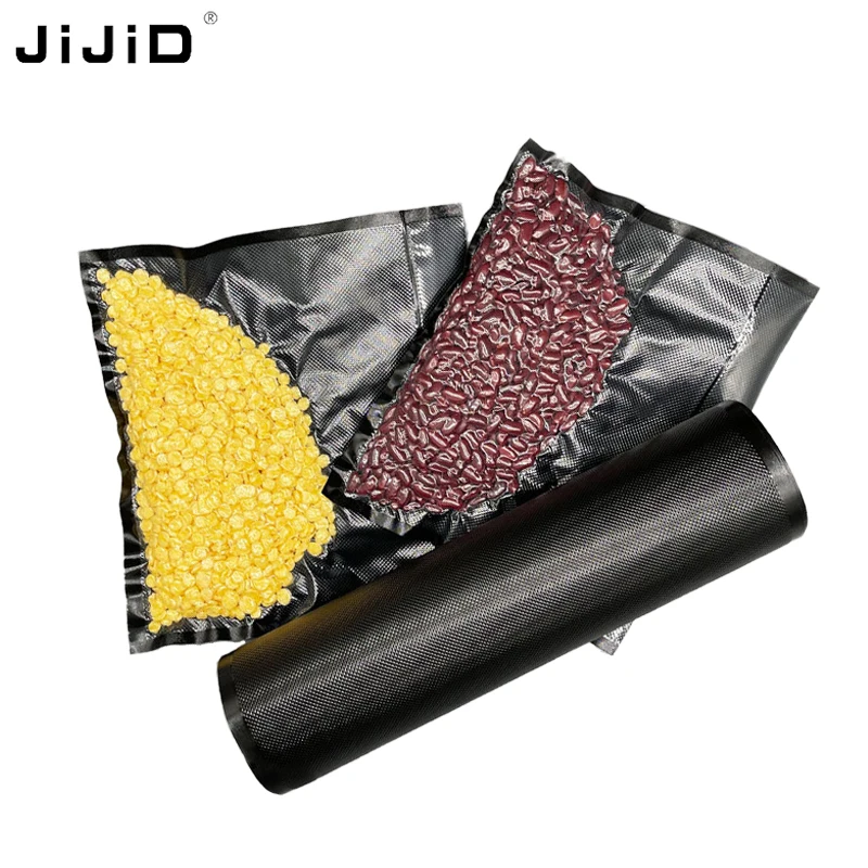 JIJID Textured Embossed Black Clear Food Saver Vacuum Sealer  Bag Rolls For Food Vacuum Storage Bags