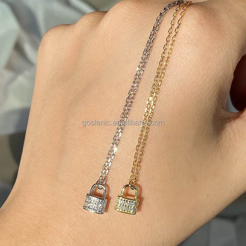 Trendy 925 Silver Diamond Minimalist Cz Designer Lock Charm Pendant Gold Filed Necklace Chain