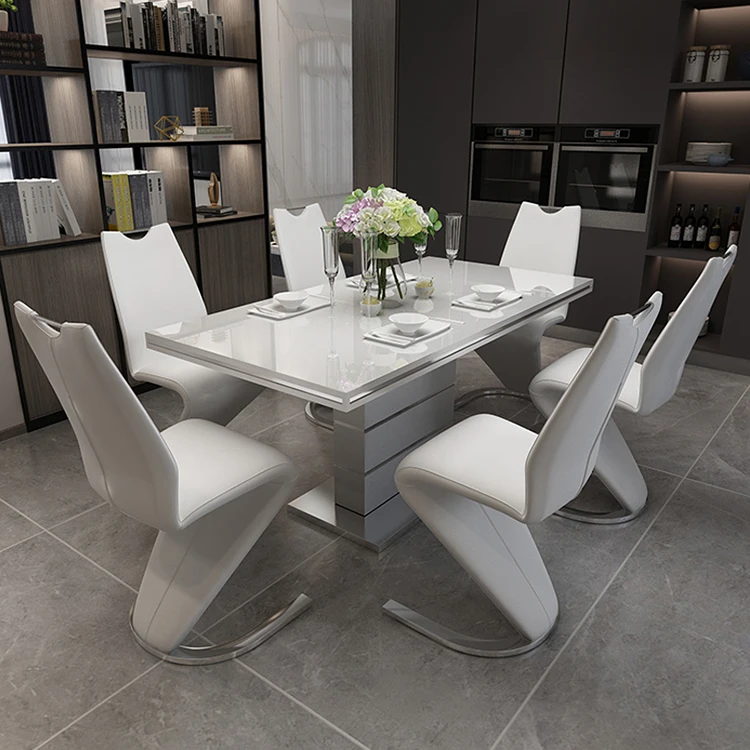 Hot selling Modern Style Wooden Painted Nesting Dinning room furniture Tempered glass Tables and chairs set  for 6 person