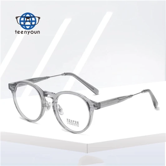 Teenyoun Eyewear High End Acetate Legs Insert Core Glasses Anti Glare Clear Lenses Round Tr90 Blue Light Eyeglasses Frames