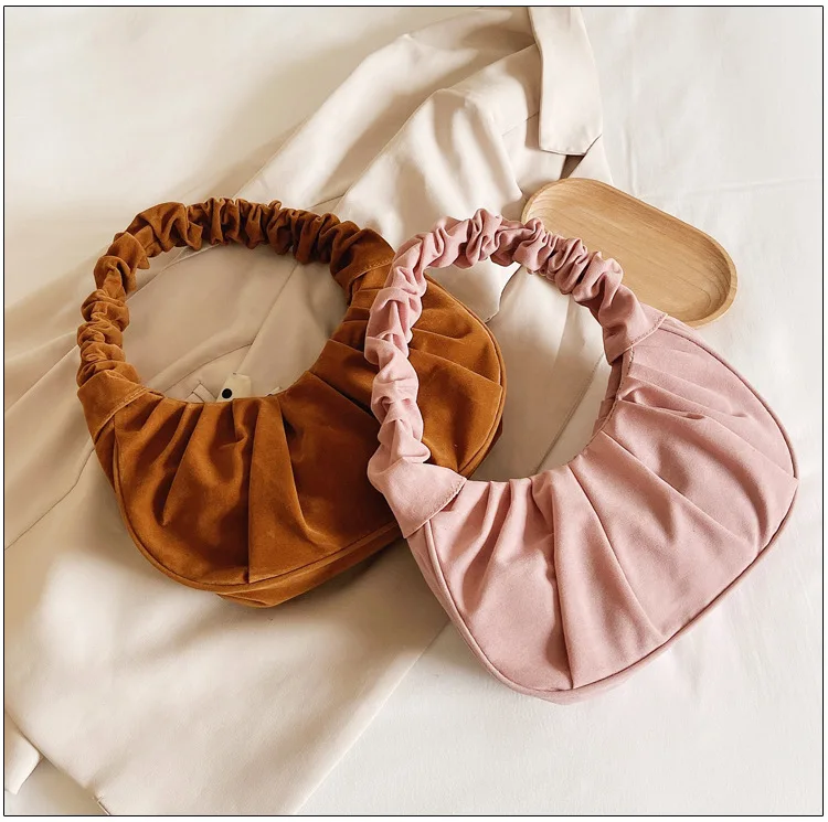 Fashion Women Retro Frosted Half Moon Simple Underarm Cloud Bag Ruffle Shoulder Bags Fancy Cloud Crossbody Bags Purse