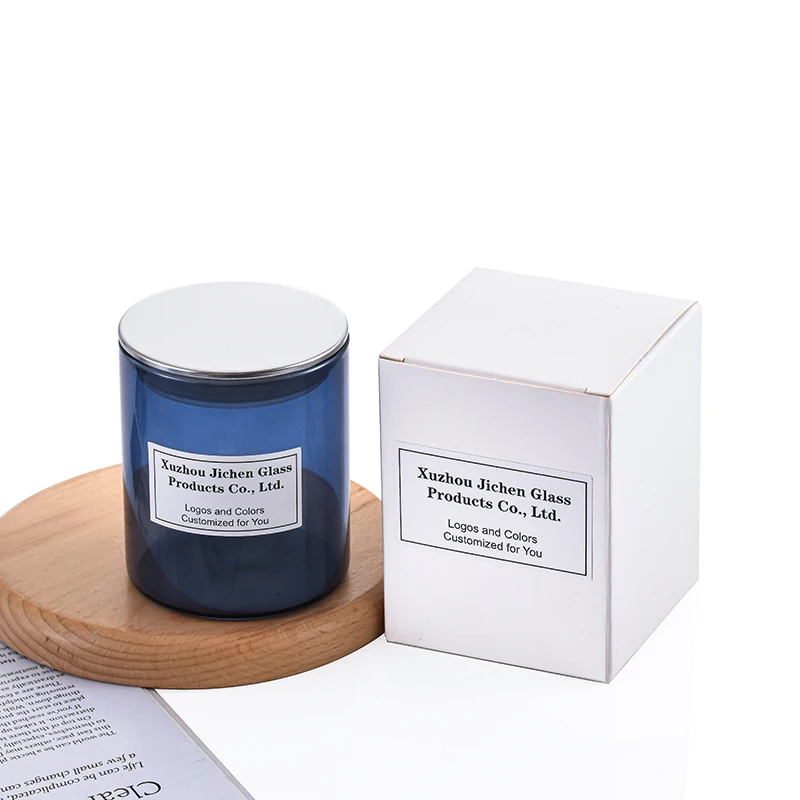 Scented 3oz 5oz 7oz 10oz 12oz 15oz 20oz blue straight soy wax high borosilicate empty glass candle jar with black metal lid