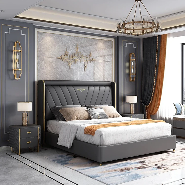 Latest modern simple luxury leather bed sets furniture bedroom solid wooden frame double california king size bed
