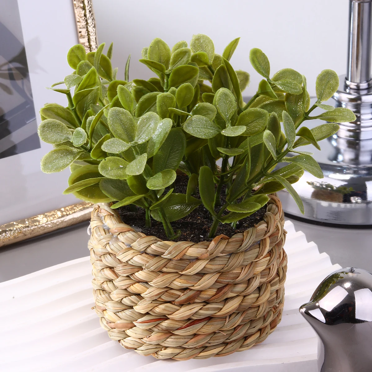 H202450-53 Greenery Plastic Small Rattan Weave Potted Plants Mini Bonsai Artificial Plants Mothers Day Gifts