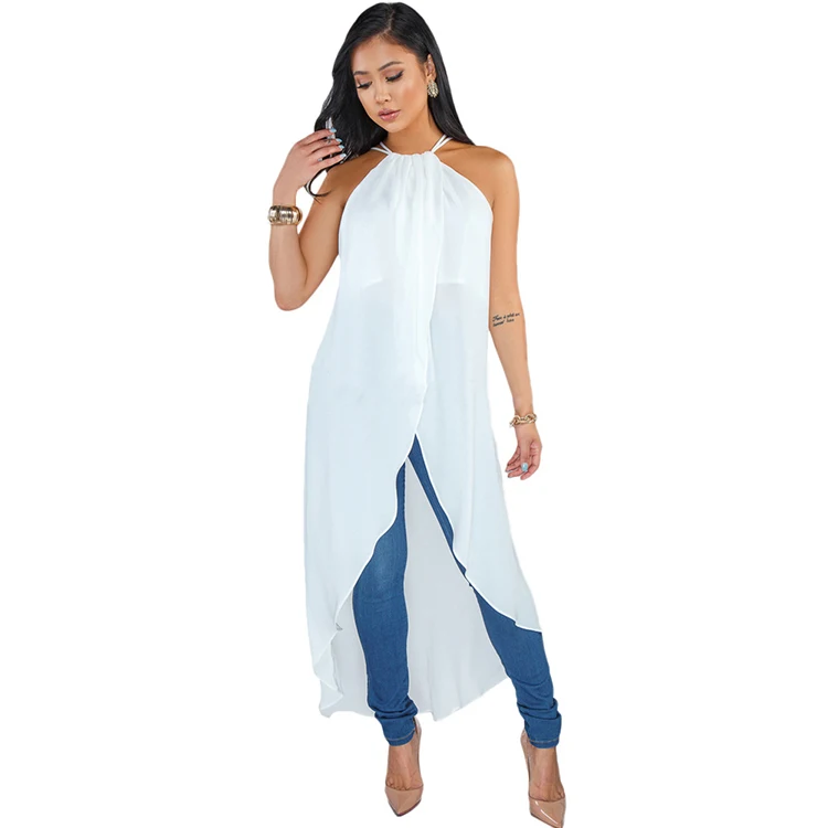
White Sleeveless Halter Top Asymmetrical Casual Shirt Long Maxi Tunic Tops Blouse Women 