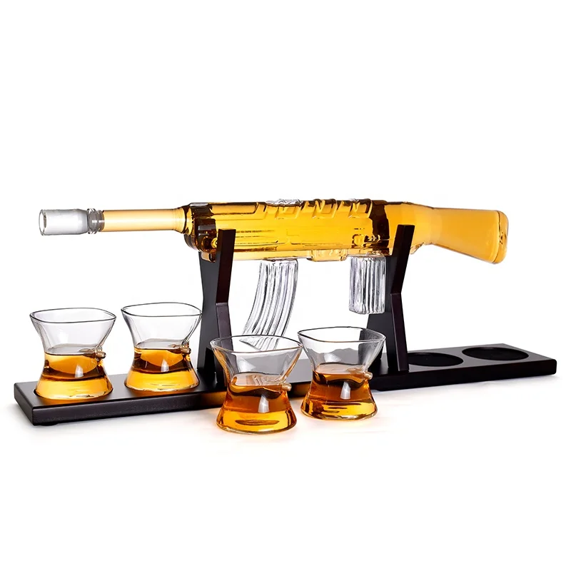 
750ml gun glass bottle set High borosilicate glass big size cheap price Wooden frame new whisky bottle 