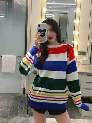 Rainbow Stripe Long sleeve European and American style sweater with Striped pattern and soft sweaters women