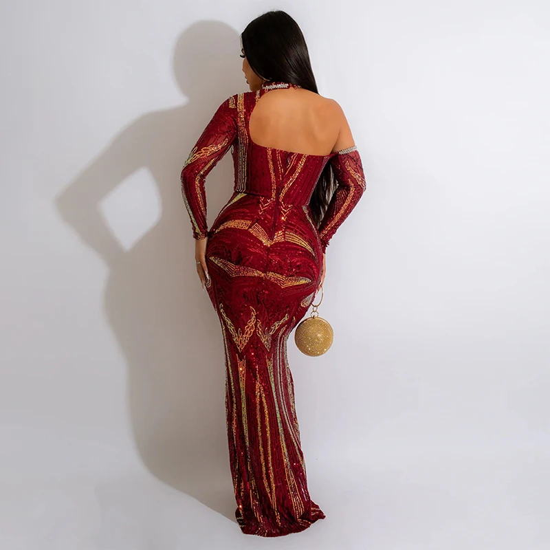 CY900126 Formal Evening Party Dress Halter Neck Long Sleeve Sweep Train Sequined Wedding Ceremony Dresses