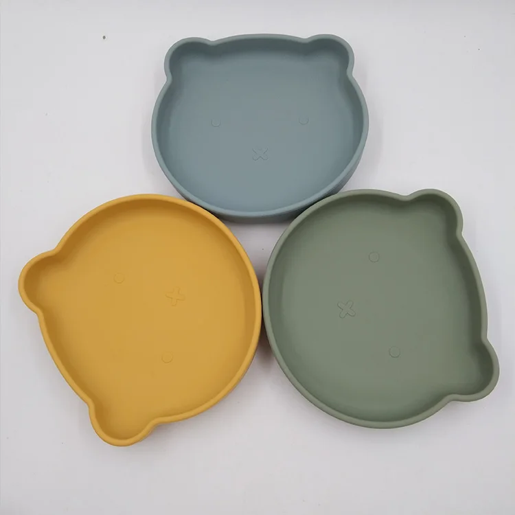 Tableware Suction Bear Shape Kid Dinner Plates Silicone BPA Free Baby Feeding Plate with Spoon