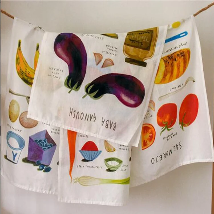 hot selling digital print cotton linen tea towel set hanging customized printed waffle kitchen towel