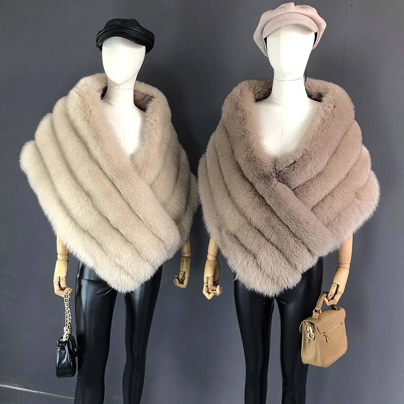 Woman Real Fox Fur Shawl Vest Jacket Fluffy Fur Cape Natural Fur Poncho Lady Scarf Wrap Coat Shawl Wedding Party Clothing