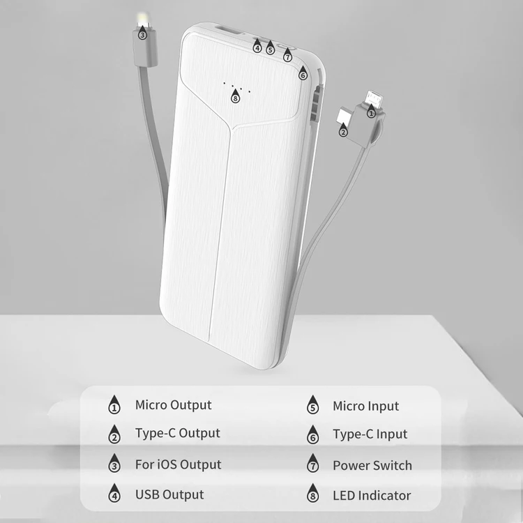 Portable Slim 10000mAh Charger Built-in Charging Cables External Battery Power Bank With AC Wall Plug