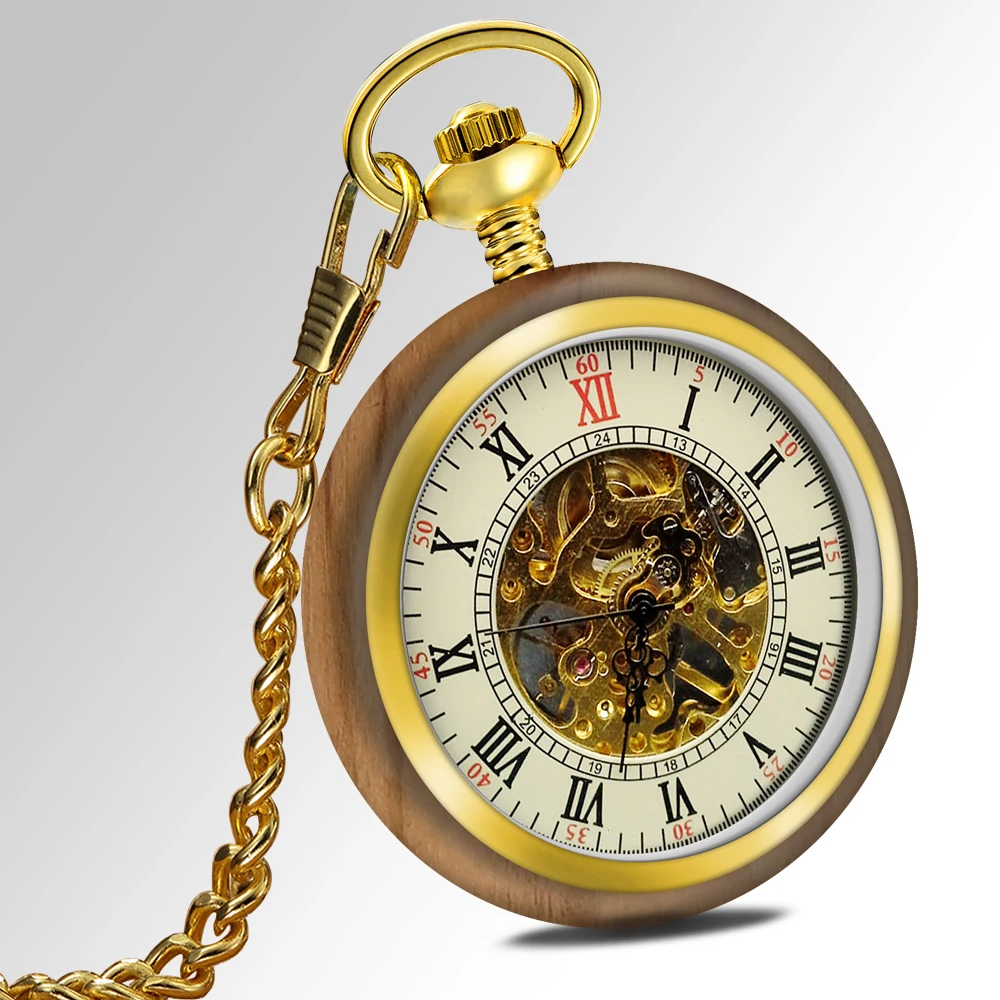 Handmade Antique Vintage Pocket Watch Custom Bronze Quartz Walnut Wooden Pocket Watch