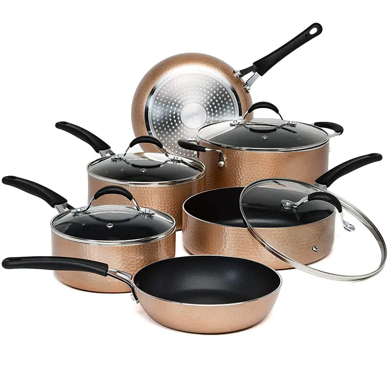 
10 Piece Copper Pressed Hammered Kitchen Non Stick Cookware Prestige Sets 