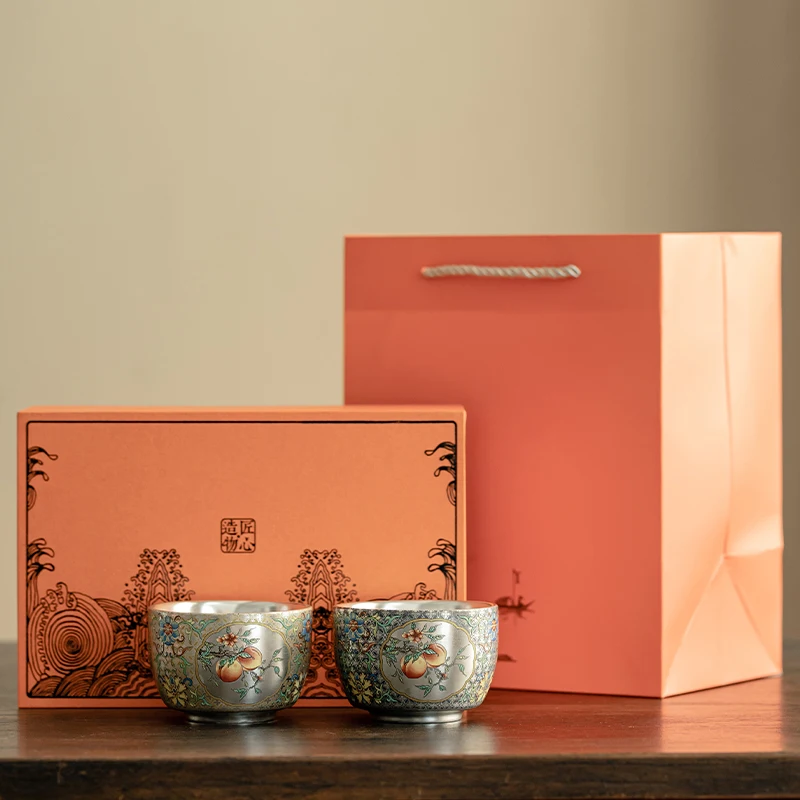 Ceramic Master Cup Enamel Silver Plated Peach Tea Cup with Gift Box Personalized Kung Fu Cup for Couples or Special Occasions