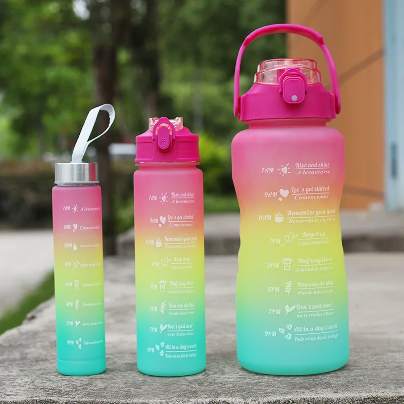 Gradient Frosted Leakproof 3pcs 1 Set Reusable Plastic Water Bottle With 3D Stickers Gym Cyclin
