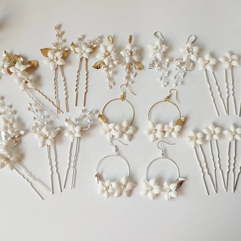 Bohemian Style Hair Pin Bridal Accessories Ceramic Flower Headpiece Wedding Jewelry Earring Hairpins