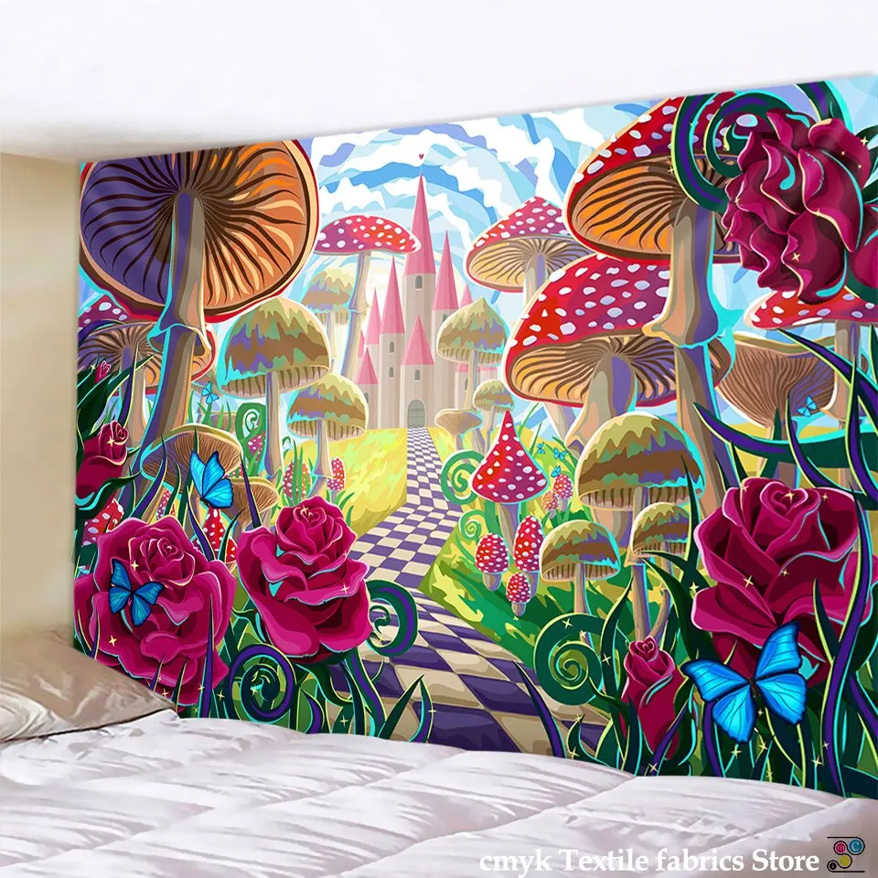 Psychedelic Mushroom Mandala Tapestry Wall Hanging Bohemian Gypsy  Witchcraft Tapestry