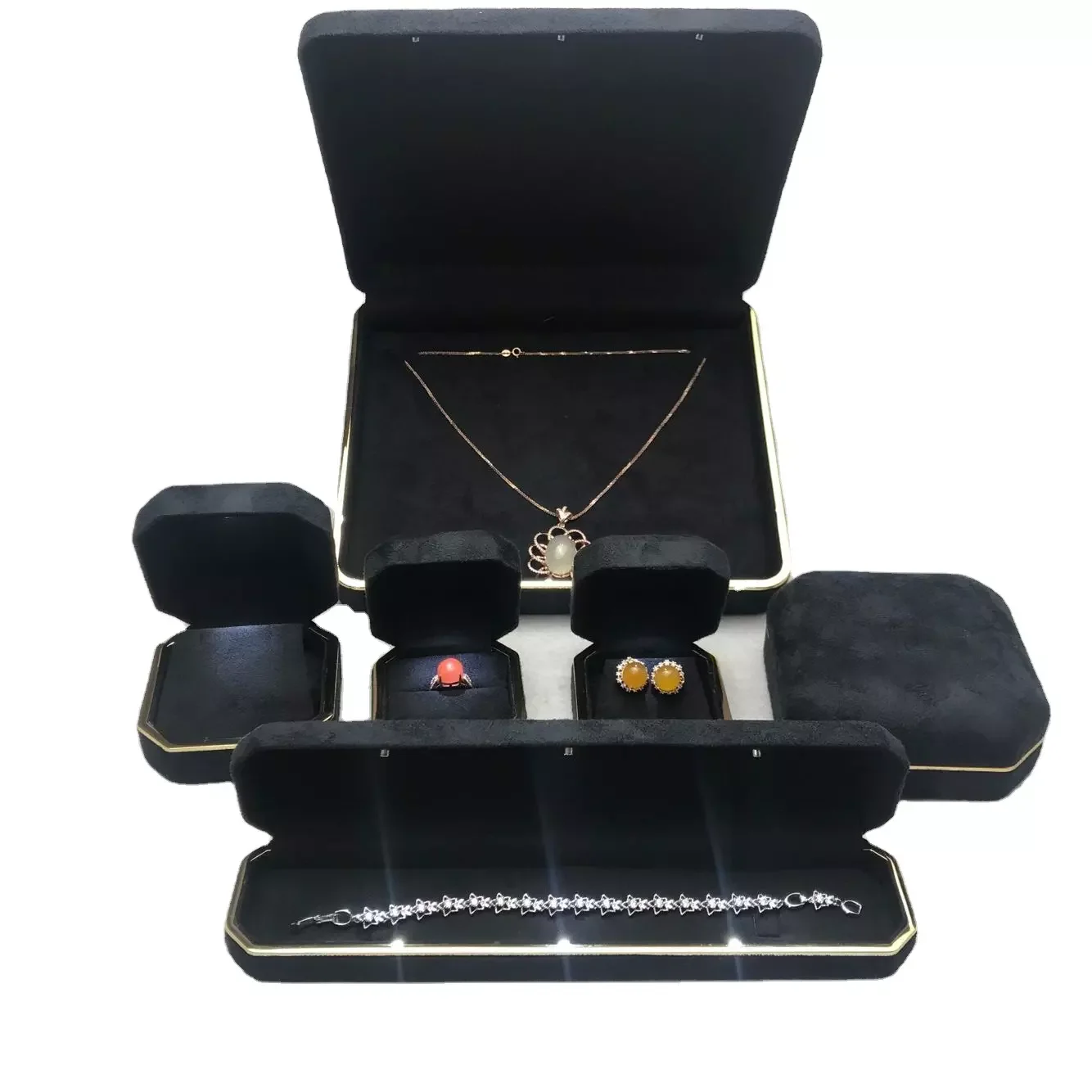 Wholesale Jewelry Box Manufacturer Fashion Custom Suede Led Jewelry Set Box Pu Leather Necklace Box With Logo