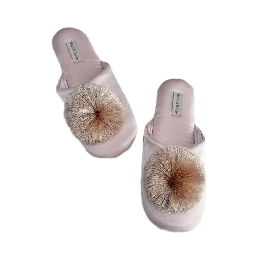 Champagne Pink Satin Indoor Tassel Ball Slippers Soft and Comfortable Home Slippers