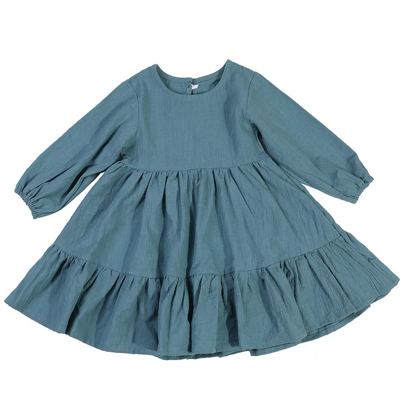 Customize Fall Toddler Cotton Linen Soft Comfortable Skirts Long Sleeve Ruffle Casual Solid Color Simple Girl Dress