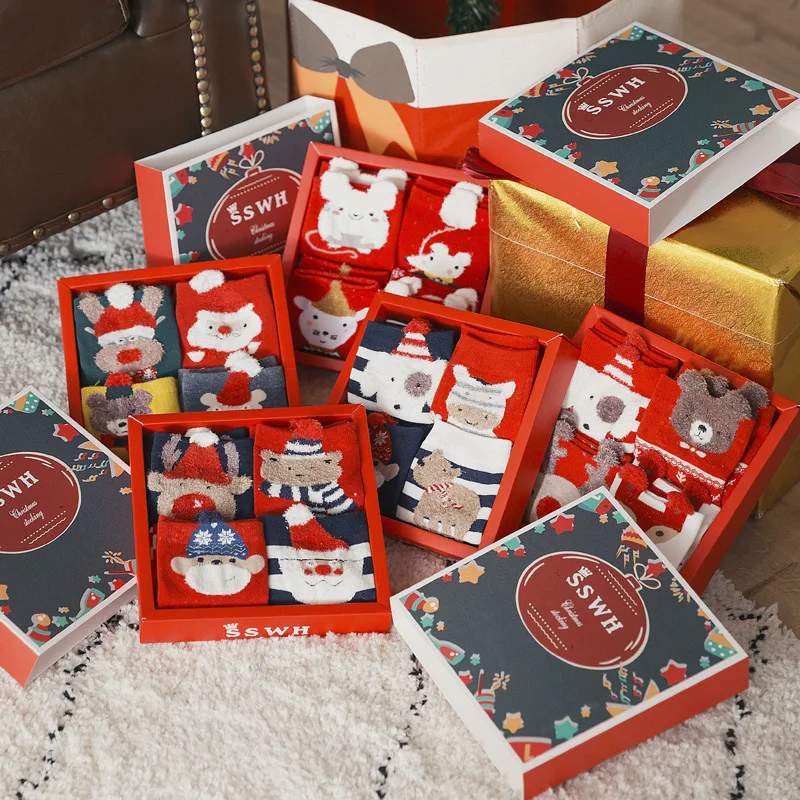 Wholesale Fashion Thick Warm Sleeping Floor Cute Xmas Ugly Christmas Socks With Gifts Box