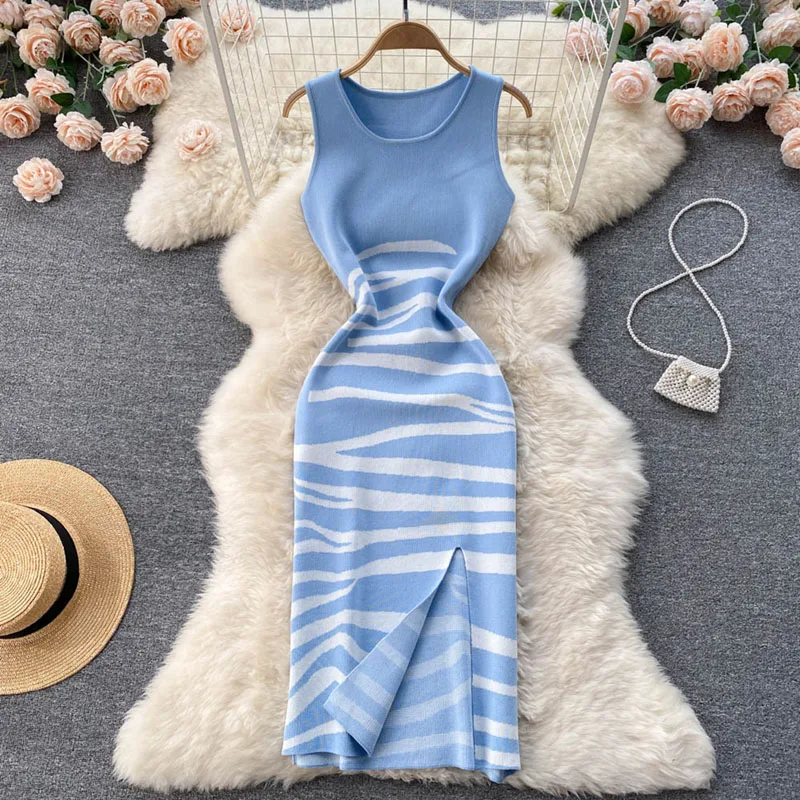 Sexy Round Collar Sleeveless Slim Stripe Print Bodycon Slit Midi Dress Women Casual Knit Wrap Tight Dresses Ladies