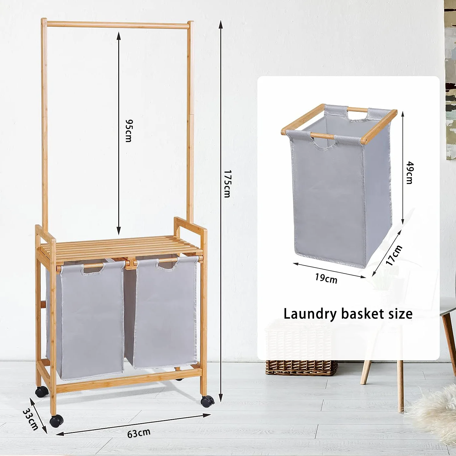 Hanging Rack Laundry Basket 2-in-1 Shelf Removable Bamboo Laundry Basket Laundry Hamper