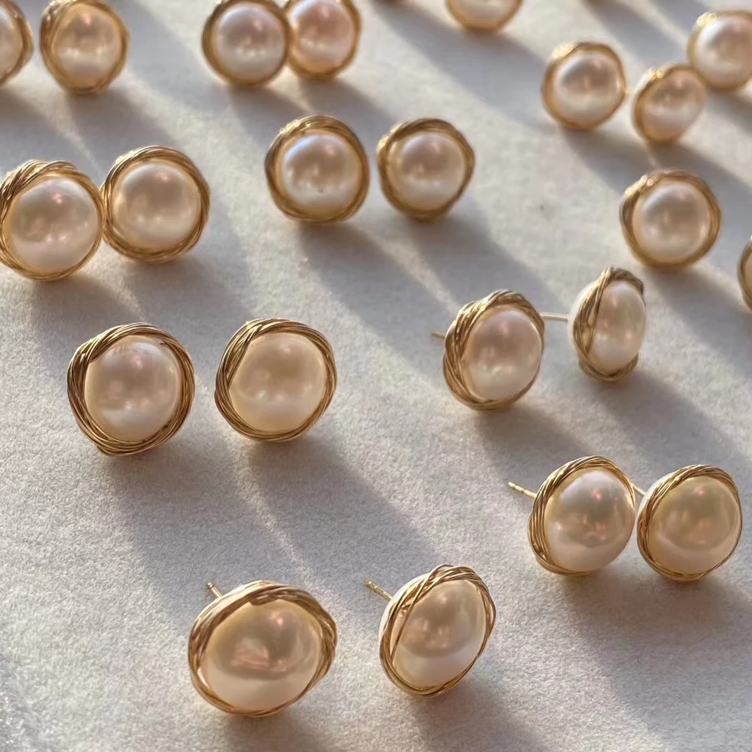 14K Filled Gold Handmade Women Stud Earring Natural Freshwater White Pearl Jewelry